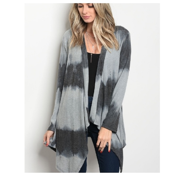 Charcoal Dark Gray Tie Dye Knit Long Oversized Open Draped Cardigan Cozy Sweater - Picture 6 of 8